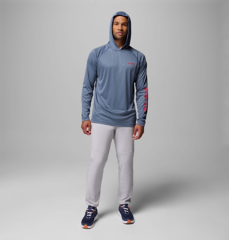 Men's PFG Terminal Tackle Hoodie, Color: Carbon Heather, Red Spark Logo, image 2