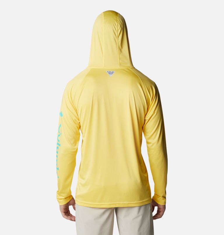 Men's PFG Terminal Tackle Hoodie, Color: Sun Glow, Electric Turquoise Logo, image 2