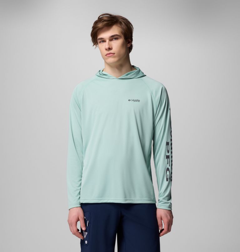 Men's PFG Terminal Tackle Hoodie - Tall, Color: Misty Jade, Shark Logo, image 1