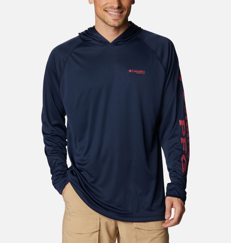 Thumbnail: Men’s PFG Terminal Tackle Hoodie - Tall, Color: Coll Navy, Sunset Red Logo, image 1