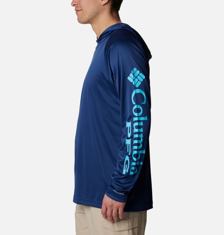 Men’s PFG Terminal Tackle Hoodie - Tall, Color: Carbon, Opal Blue Logo, image 3