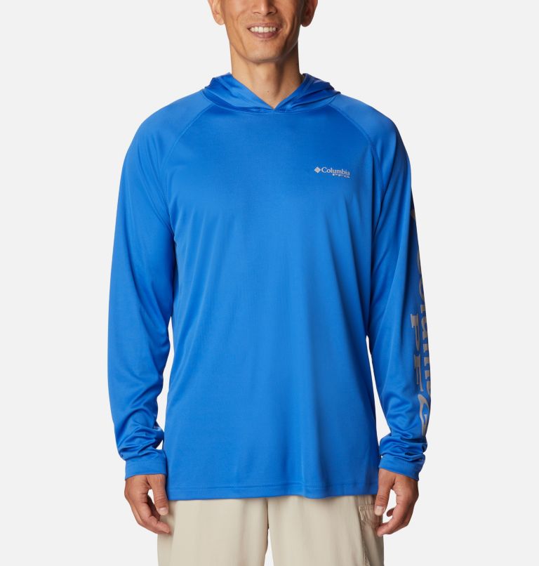 Men's PFG Terminal Tackle Hoodie - Tall, Color: Vivid Blue, Cool Grey Logo, image 1