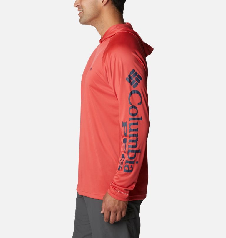 Men's PFG Terminal Tackle Hoodie - Tall, Color: Sunset Red, Collegiate Navy Logo, image 3
