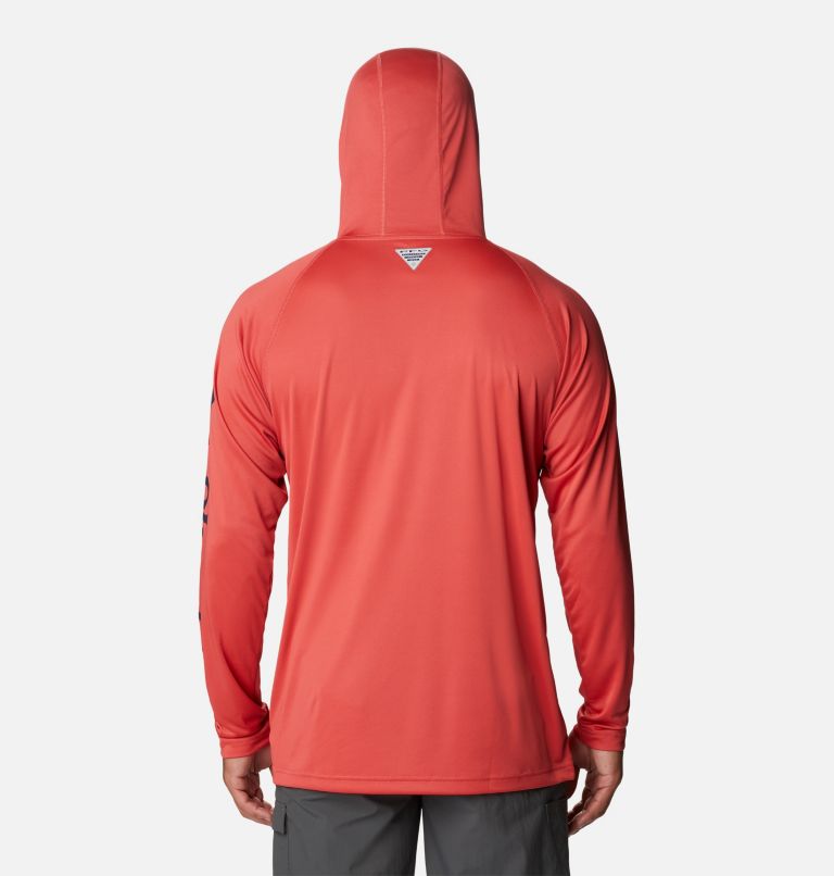 Men's PFG Terminal Tackle Hoodie - Tall, Color: Sunset Red, Collegiate Navy Logo, image 2