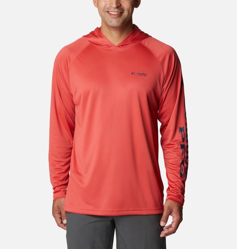 Men's PFG Terminal Tackle Hoodie - Tall, Color: Sunset Red, Collegiate Navy Logo, image 1