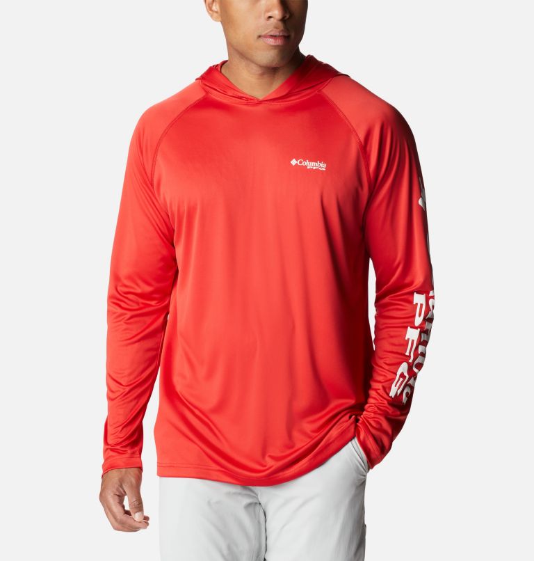 Thumbnail: Men’s PFG Terminal Tackle Hoodie - Tall, Color: Red Spark, White Logo, image 1