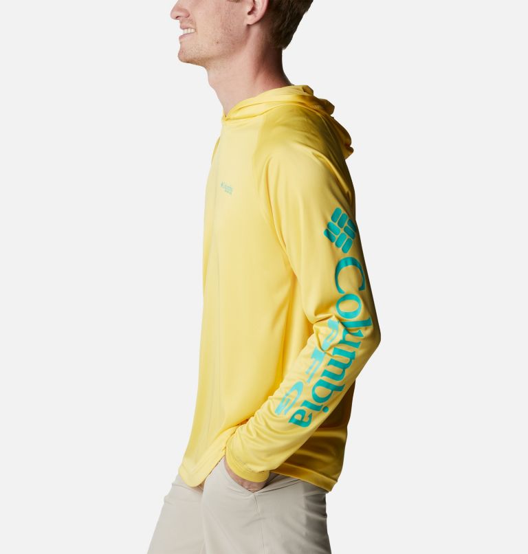Men's PFG Terminal Tackle Hoodie - Tall, Color: Sun Glow, Electric Turquoise Logo, image 3