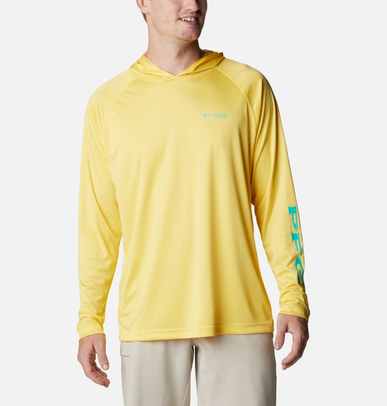 Men's PFG Terminal Tackle Hoodie - Tall, Color: Sun Glow, Electric Turquoise Logo, image 1