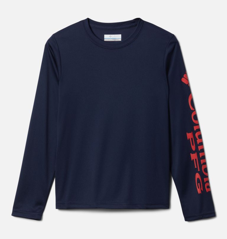 Kids’ PFG Terminal Tackle Long Sleeve Tee, Color: Collegiate Navy, Red Spark Logo, image 1
