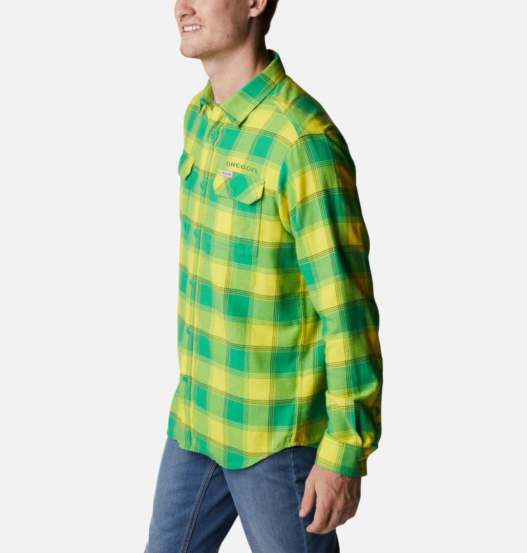 Men's Collegiate Flare Gun Flannel Long Sleeve Shirt - Oregon, Color: UO - Fuse Green Plaid, image 3