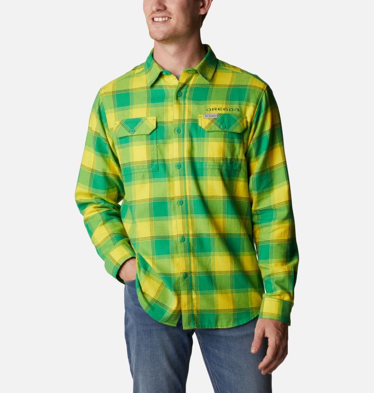Men's Collegiate Flare Gun Flannel Long Sleeve Shirt - Oregon, Color: UO - Fuse Green Plaid, image 1