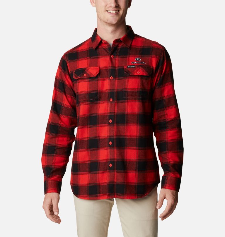 Men's Collegiate Flare Gun Flannel Long Sleeve Shirt - Georgia, Color: UGA - Bright Red Plaid