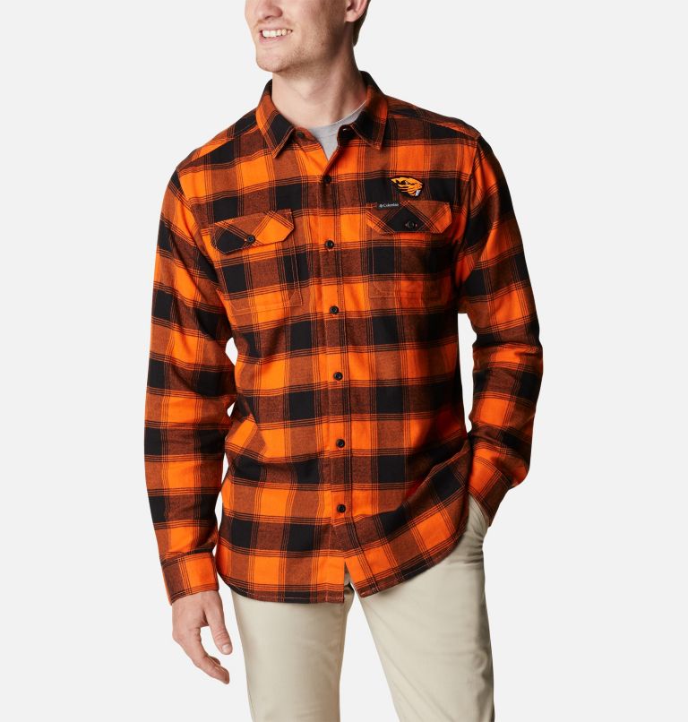 Men's Collegiate Flare Gun Flannel Long Sleeve Shirt - Oregon State, Color: OSU - Tangy Orange Plaid, image 1