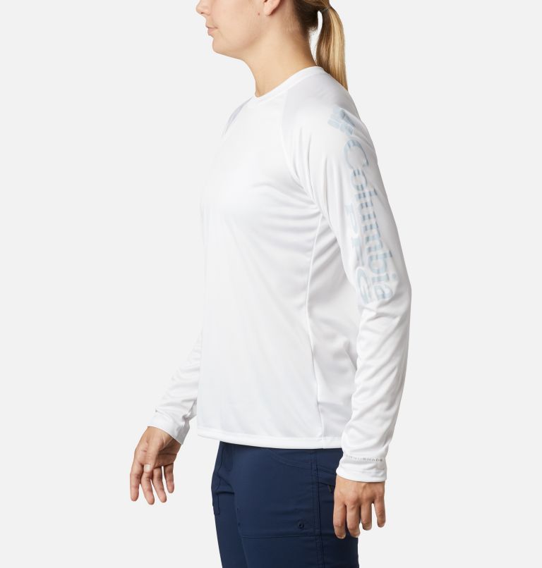 Women’s PFG Tidal Tee II Long Sleeve Shirt, Color: White, Cirrus Grey Logo, image 3
