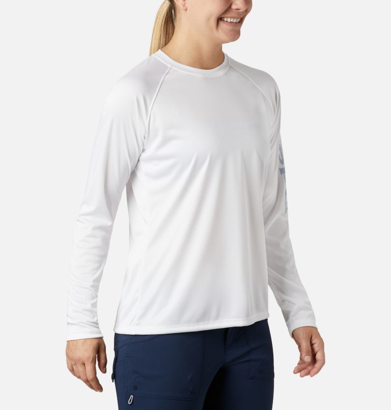 Women’s PFG Tidal Tee II Long Sleeve Shirt, Color: White, Cirrus Grey Logo, image 5