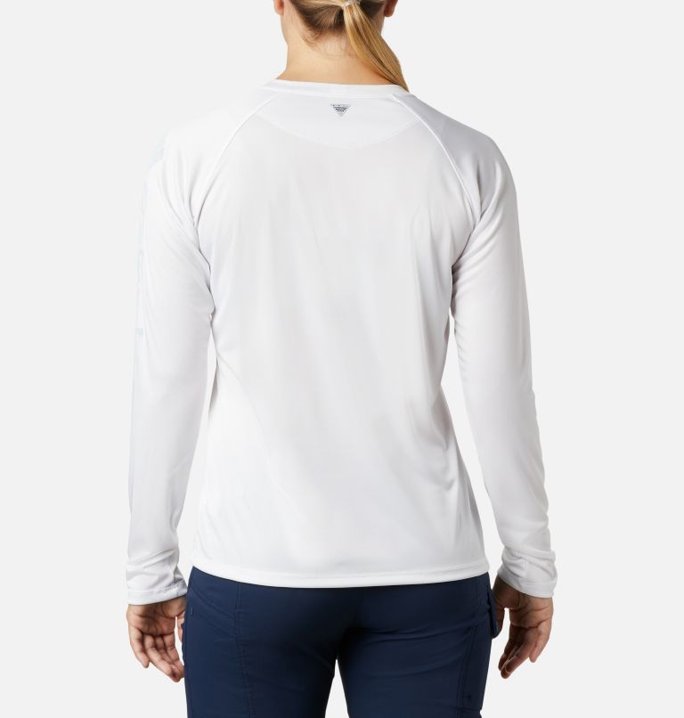 Women’s PFG Tidal Tee II Long Sleeve Shirt, Color: White, Cirrus Grey Logo, image 2