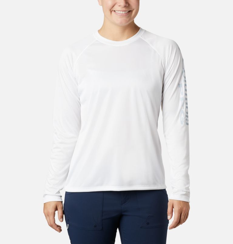 Women’s PFG Tidal Tee II Long Sleeve Shirt, Color: White, Cirrus Grey Logo, image 1