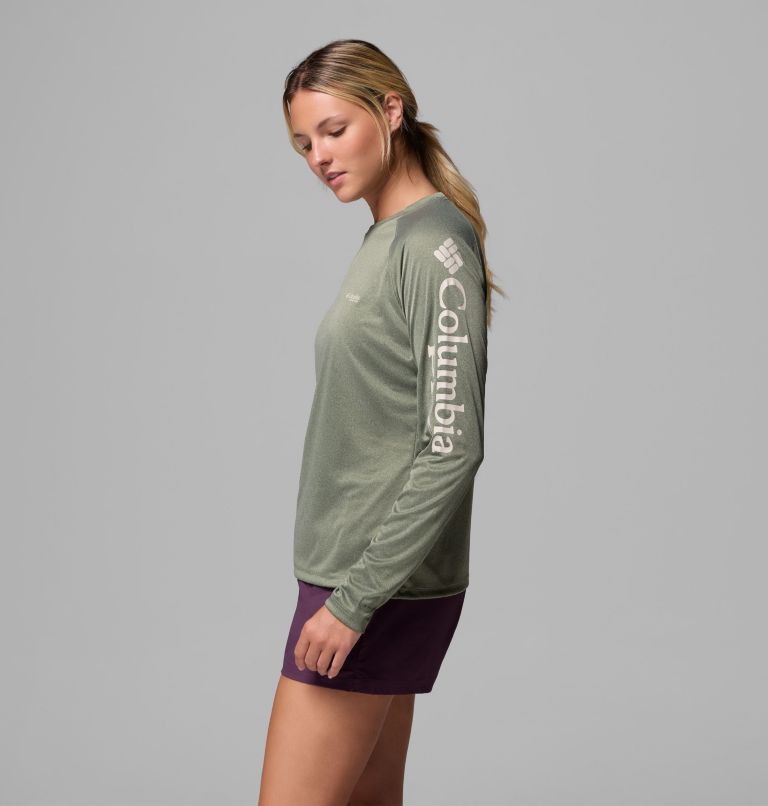 Women's PFG Tidal Tee II Long Sleeve Shirt, Color: Cypress Heather, Dark Stone Logo, image 4