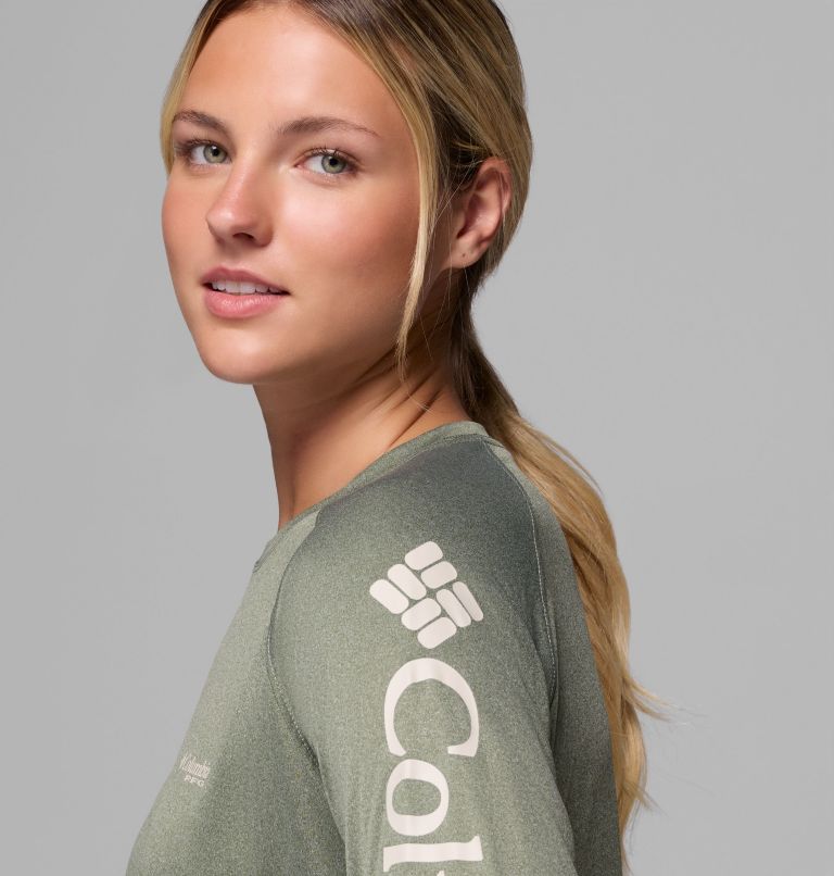 Women's PFG Tidal Tee II Long Sleeve Shirt, Color: Cypress Heather, Dark Stone Logo, image 5