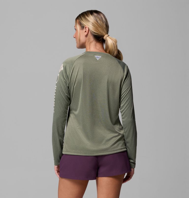 Women's PFG Tidal Tee II Long Sleeve Shirt, Color: Cypress Heather, Dark Stone Logo, image 3