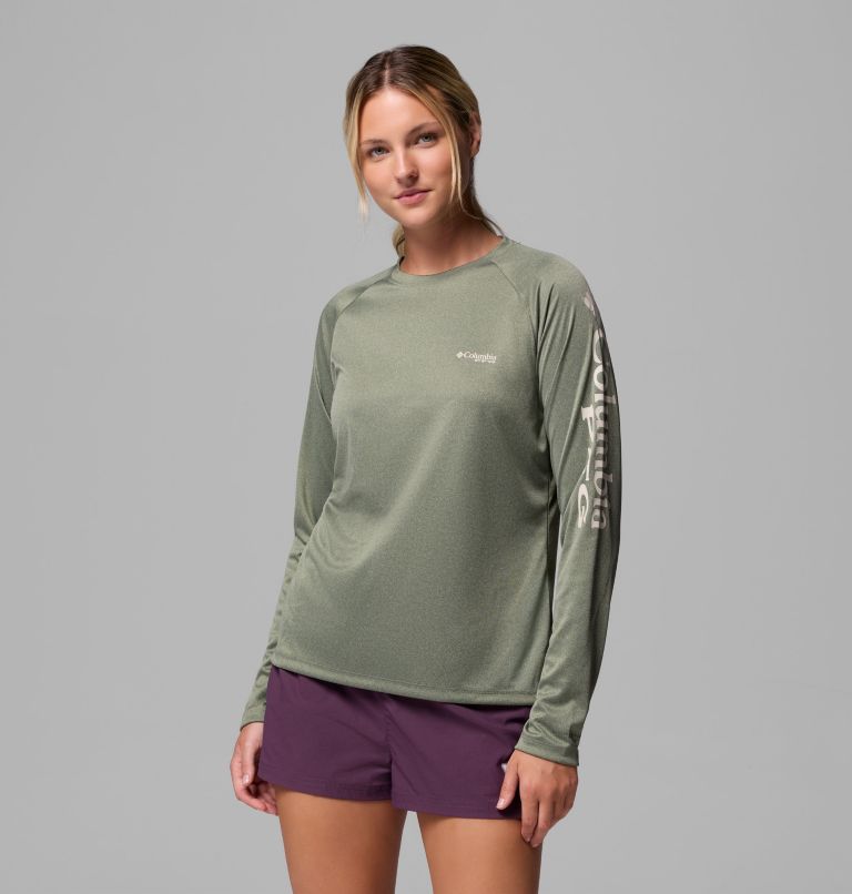 Women's PFG Tidal Tee II Long Sleeve Shirt, Color: Cypress Heather, Dark Stone Logo, image 1
