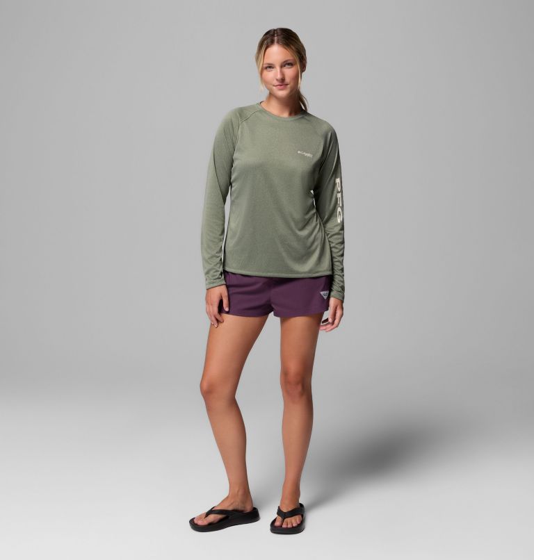 Women's PFG Tidal Tee II Long Sleeve Shirt, Color: Cypress Heather, Dark Stone Logo, image 2