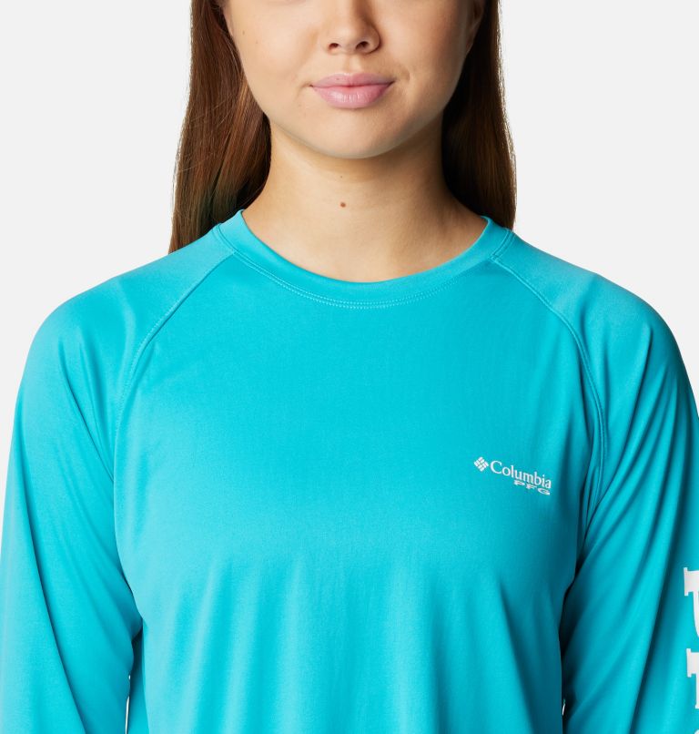 Thumbnail: Women’s PFG Tidal Tee II Long Sleeve Shirt, Color: Turquoise, White Logo, image 4