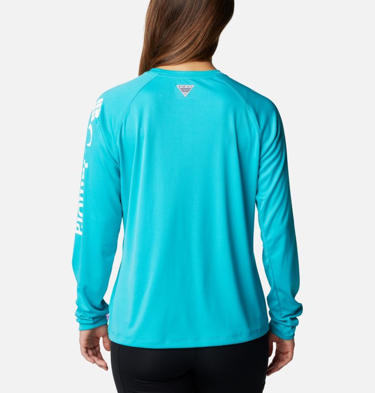 Women’s PFG Tidal Tee II Long Sleeve Shirt, Color: Turquoise, White Logo, image 2