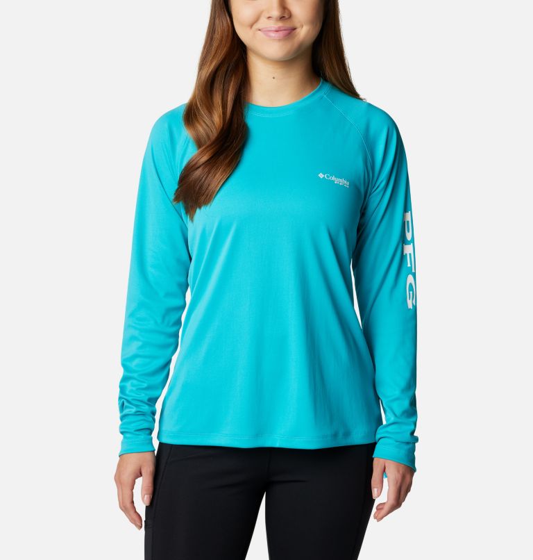 Thumbnail: Women’s PFG Tidal Tee II Long Sleeve Shirt, Color: Turquoise, White Logo, image 1