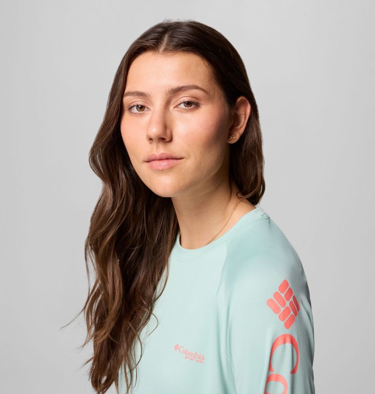 Women's PFG Tidal Tee II Long Sleeve Shirt, Color: Misty Jade, Melonade Logo, image 5