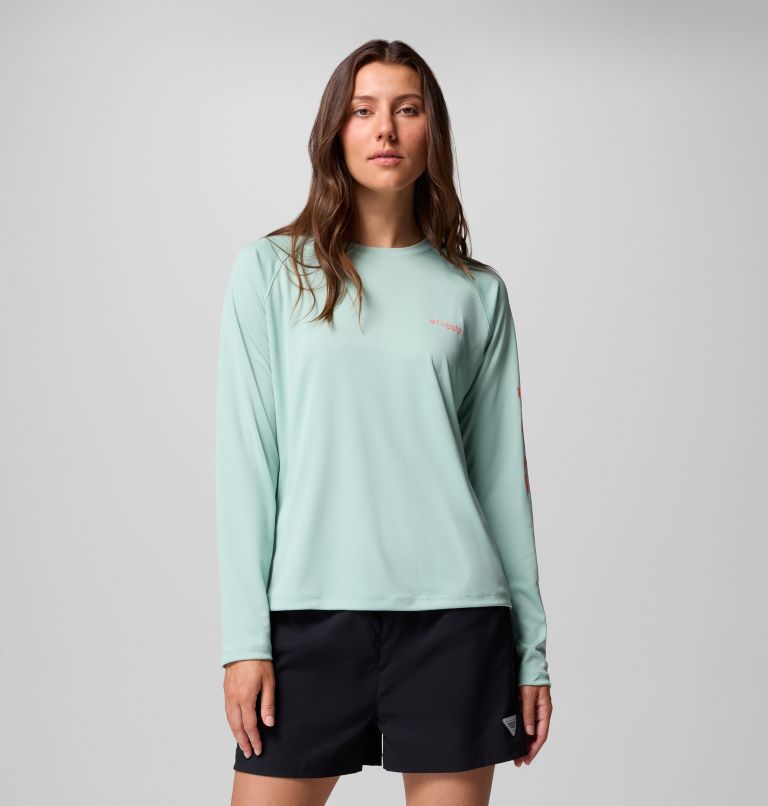 Women's PFG Tidal Tee II Long Sleeve Shirt, Color: Misty Jade, Melonade Logo, image 1