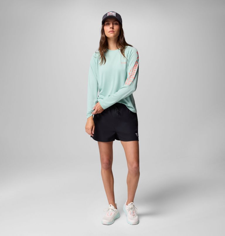 Women's PFG Tidal Tee II Long Sleeve Shirt, Color: Misty Jade, Melonade Logo, image 9