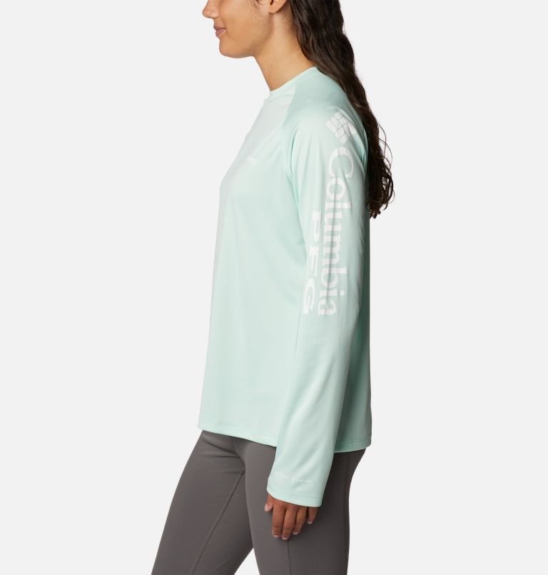 Women’s PFG Tidal Tee II Long Sleeve Shirt, Color: Gullfoss Green, White Logo, image 3