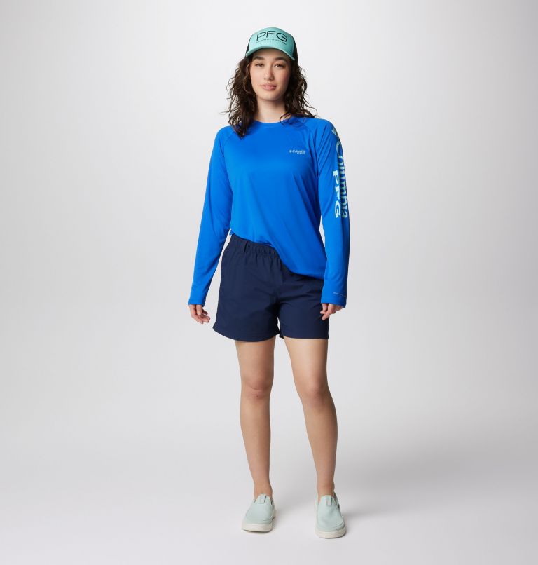 Women's PFG Tidal Tee II Long Sleeve Shirt, Color: Blue Macaw, Gulf Stream Logo, image 3