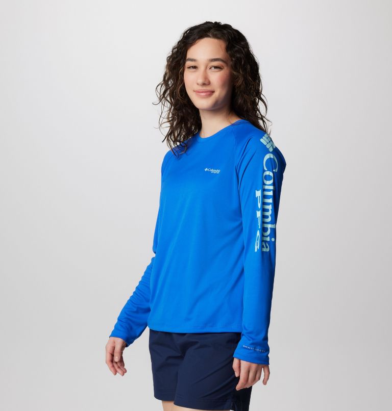 Women's PFG Tidal Tee II Long Sleeve Shirt, Color: Blue Macaw, Gulf Stream Logo, image 4