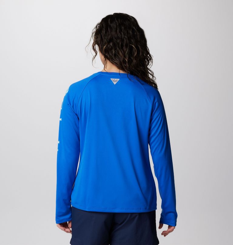 Women's PFG Tidal Tee II Long Sleeve Shirt, Color: Blue Macaw, Gulf Stream Logo, image 2