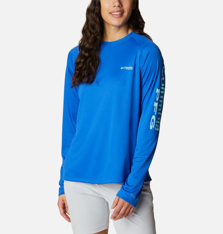 Thumbnail: Women’s PFG Tidal Tee II Long Sleeve Shirt, Color: Blue Macaw, Gulf Stream Logo, image 1