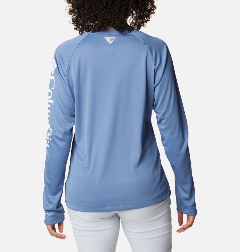 Women’s PFG Tidal Tee II Long Sleeve Shirt, Color: Bluestone, White Logo, image 2