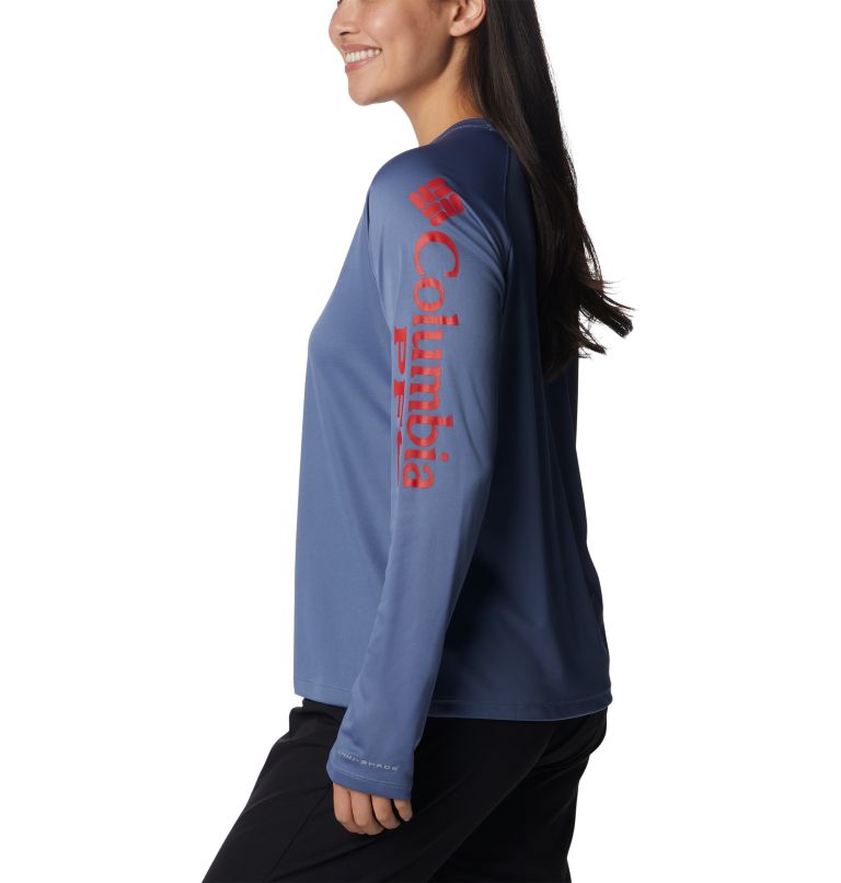 Women’s PFG Tidal Tee II Long Sleeve Shirt, Color: Bluestone, Red Spark Logo, image 3