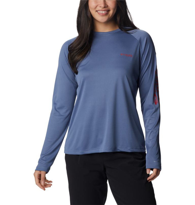 Women’s PFG Tidal Tee II Long Sleeve Shirt, Color: Bluestone, Red Spark Logo, image 1