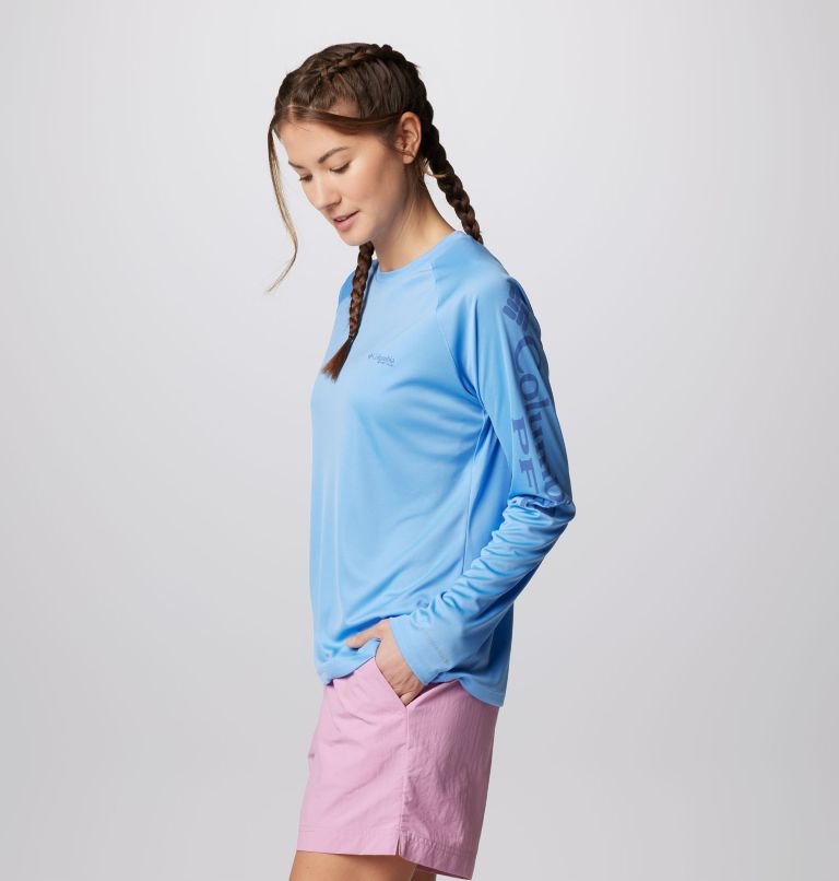 Women’s PFG Tidal Tee II Long Sleeve Shirt, Color: White Cap, Bluebell Logo, image 4