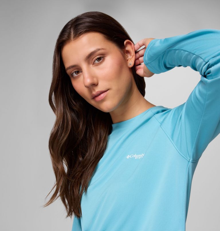 Women's PFG Tidal Tee II Long Sleeve Shirt, Color: Vintage Blue, White Logo, image 5