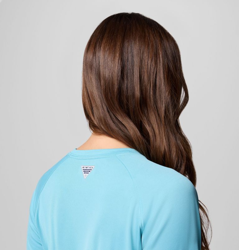 Women's PFG Tidal Tee II Long Sleeve Shirt, Color: Vintage Blue, White Logo, image 6
