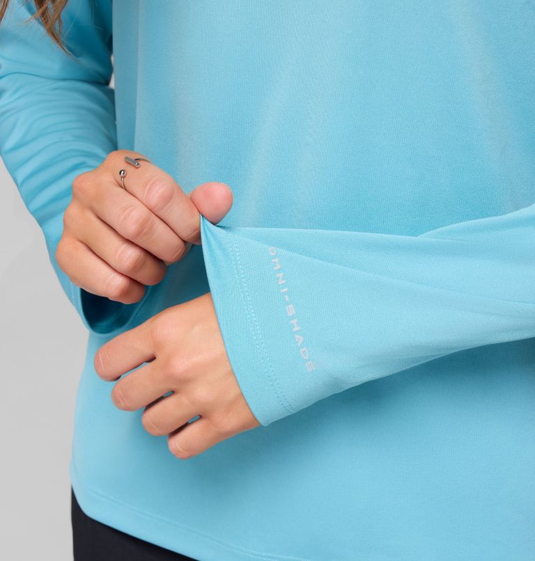 Women's PFG Tidal Tee II Long Sleeve Shirt, Color: Vintage Blue, White Logo, image 7