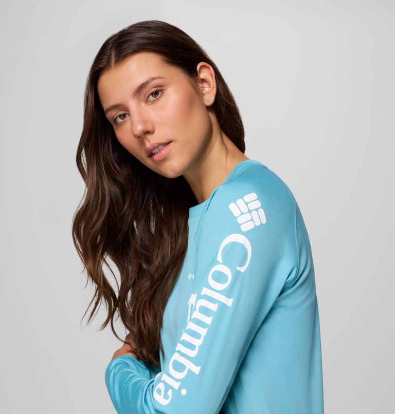 Women's PFG Tidal Tee II Long Sleeve Shirt, Color: Vintage Blue, White Logo, image 8