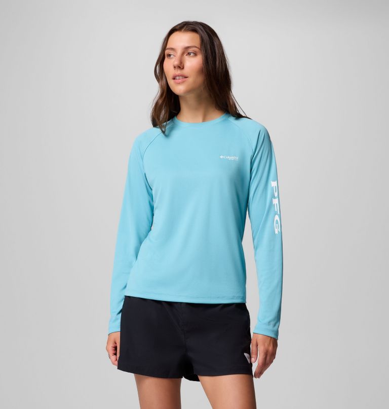 Women's PFG Tidal Tee II Long Sleeve Shirt, Color: Vintage Blue, White Logo, image 1