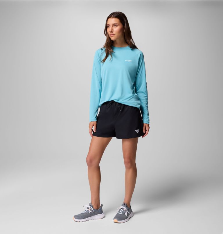 Women's PFG Tidal Tee II Long Sleeve Shirt, Color: Vintage Blue, White Logo, image 2