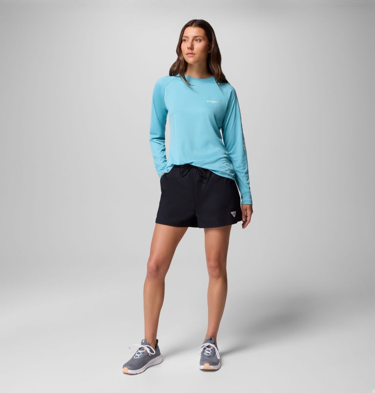 Women's PFG Tidal Tee II Long Sleeve Shirt, Color: Vintage Blue, White Logo, image 9