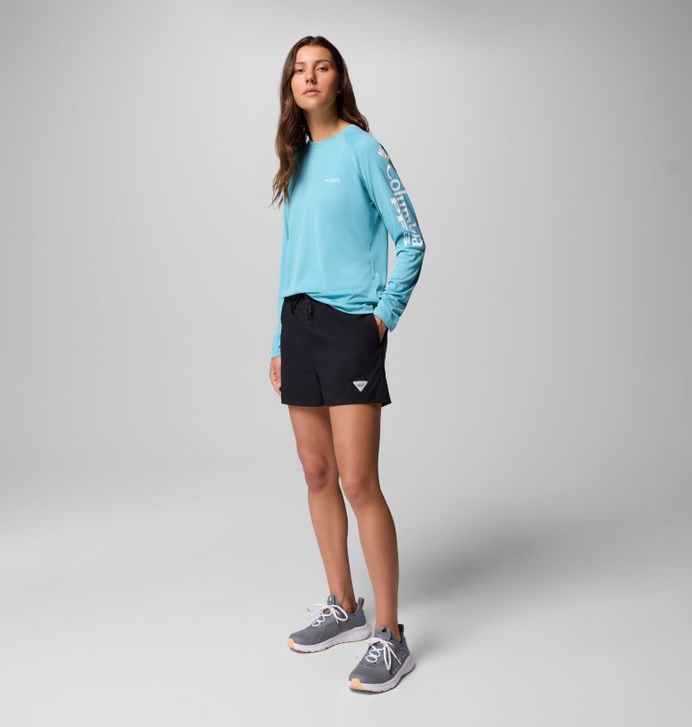 Women's PFG Tidal Tee II Long Sleeve Shirt, Color: Vintage Blue, White Logo, image 10
