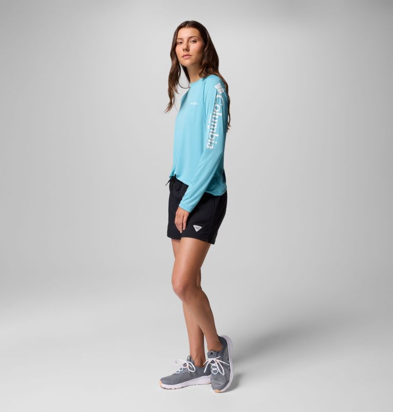 Women's PFG Tidal Tee II Long Sleeve Shirt, Color: Vintage Blue, White Logo, image 11